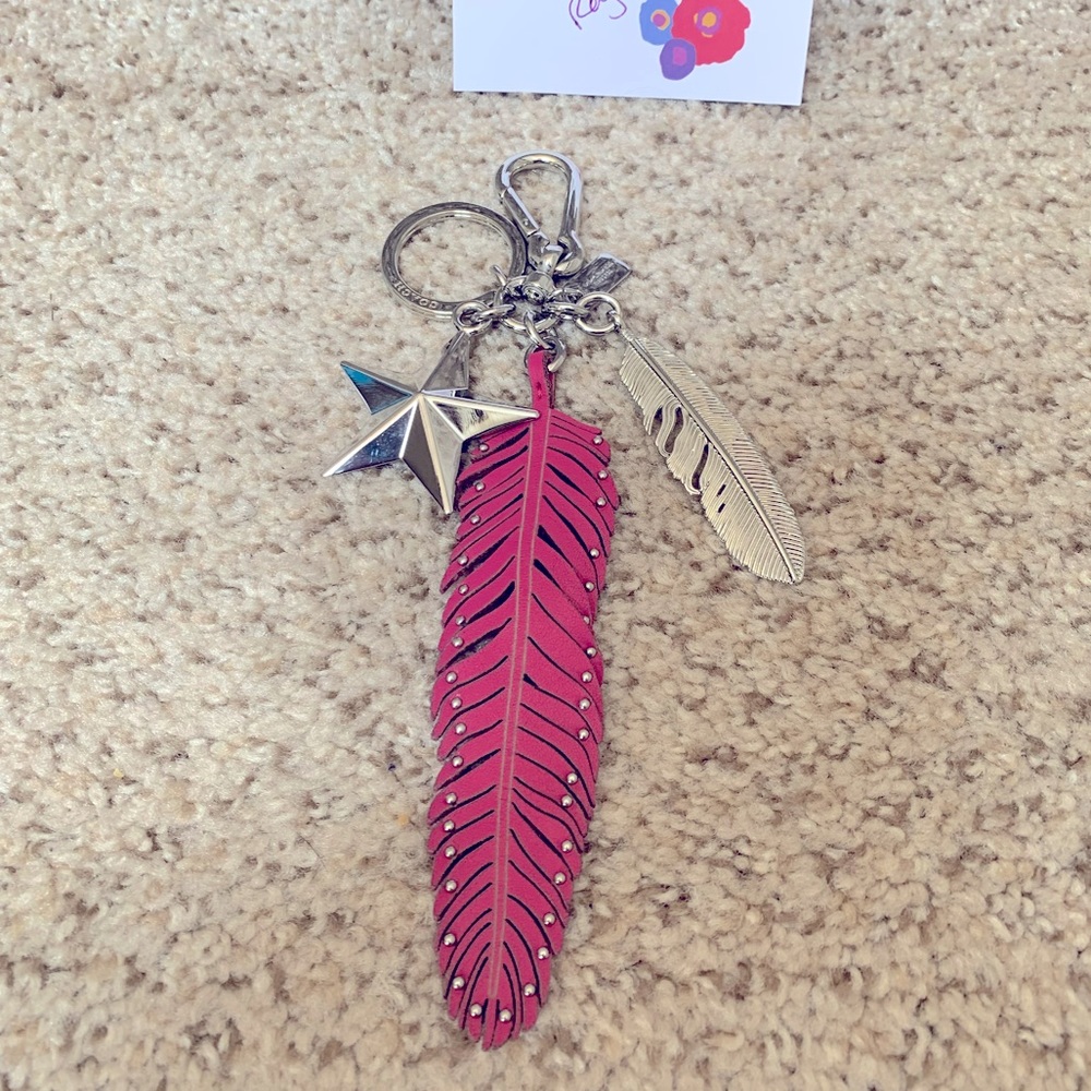 Coach Star Feathers Leather w/Studs Key Chain Pink